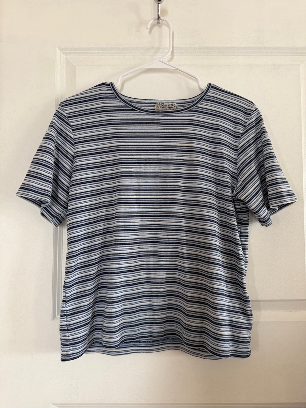 Vintage 90s Blue & White Striped Ribbed Short Sleeve Tee Size M 100% Cotton